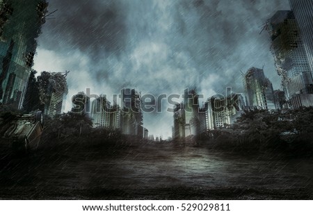 Rain in the destroyed city