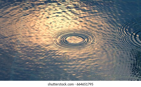 Rain Drop Falling On Pool And Have Ripple Shape And Sun Light Reflection On Surface For Abstract Background. 