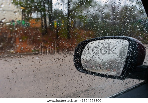 Rain droplets on a car
window.
