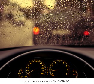 Rain Droplets On Car Windshield, Blocked Traffic 