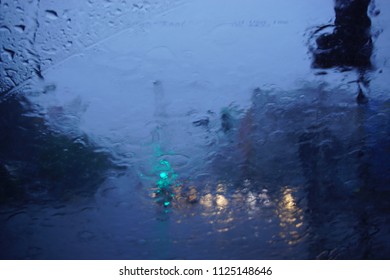 Rain drops attached to the windshield.