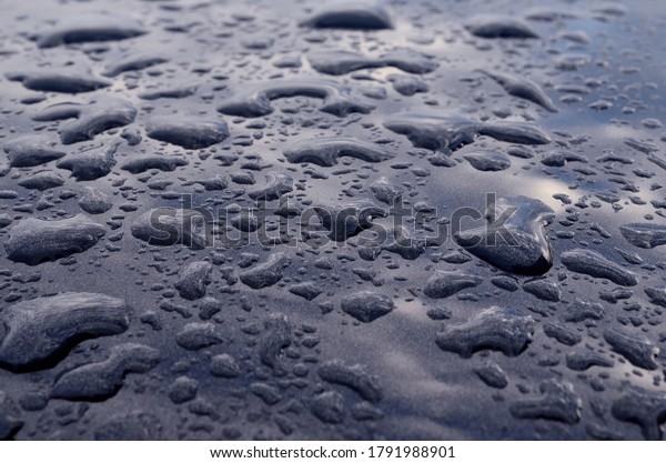 Rain drops on top of the dark\
car roof.Water drops on car roof after raining , selective\
focus\
