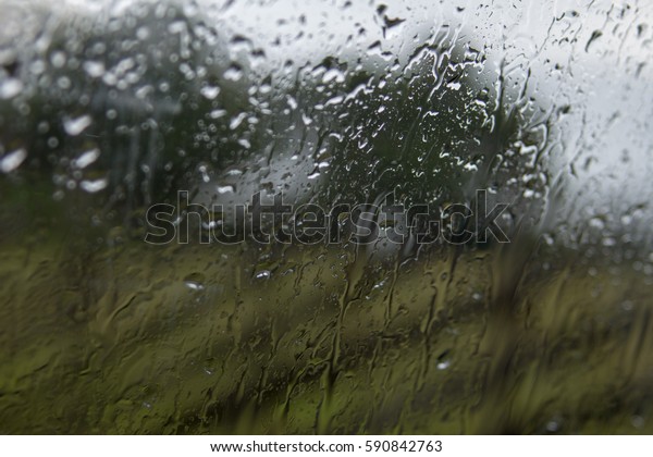 Rain drops on window with green tree and fence\
in background