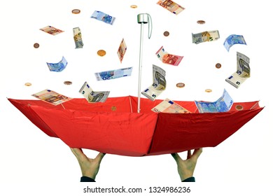 Rain of euro banknotes falling in a red umbrella on a white background