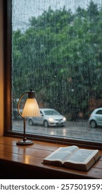 Rain falling on the window, flowing raindrops, comfortable rain sound ASMR, a cat sleeping on a desk with books, notes, and coffee, resting in a cozy cafe and library, and raining scenery