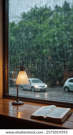 Rain falling on the window, flowing raindrops, comfortable rain sound ASMR, a cat sleeping on a desk with books, notes, and coffee, resting in a cozy cafe and library, and raining scenery