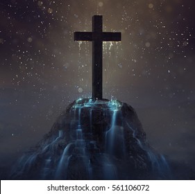 Rain falls off of a cross and creates waterfalls - Shutterstock ID 561106072