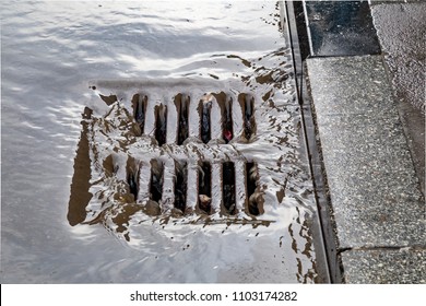 Rain flowing into a storm water sewer system. Stormwater street drain during heavy rain.