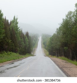 Rain And Fog Over Trans-Labrador Highway In Quebec, Canada. This Remote Road Connects Over More Than 1100 Km Quebec With Newfoundland Labrador City, Red Bay, Cartwright And Happy Valley Goose Bay