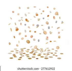 Rain from Golden Coins. Falling Gold Coins Isolated on white background