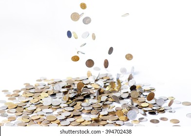 Rain from Golden and silver Coins. Falling Isolated on white background