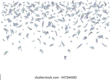 Rain From Many Falling Dollars Isolated On White Background, Finance Concept