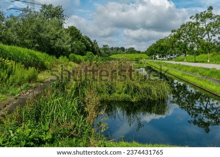 A rain retention basin on the site of the former Ewald colliery in the town of Herten in Germany.                               