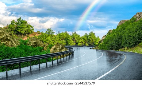 rain road landscape in green mountains. Highway view on rainy winter day. Nature scenery on rainy highway with high mountains. Beautiful road trip in winter season. rainbow scene on winter road. - Powered by Shutterstock