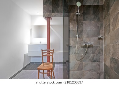 Rain Shower Bathroom With Stone Tile In Washroom