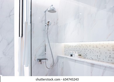 Rain Shower Bathroom White Marble Tile Background