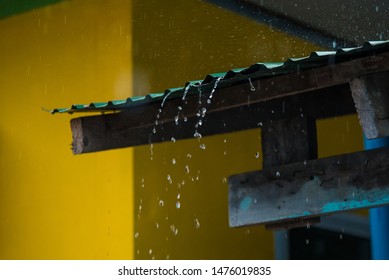 Rain Storm With Metal Sheet Roof,rainwater Flows Down The Roof