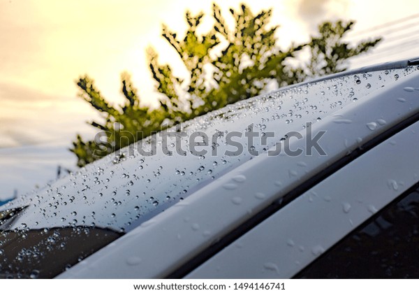 The rain that hits the windshield Is a beautiful\
clear droplet With the background  that has shadows reflected by\
light Makes the image look dimensional, fresh, wet, juicy, giving a\
cool feeling.