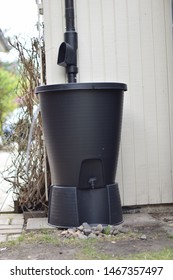 Rain Water Barrel Connected To A Spout