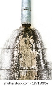 Rain Water Draining Gutter Downpipe, Isolated Old Aged Weathered Dirty Wall Vintage Drainpipe Down Pipe Macro Closeup