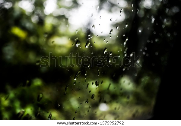 Rain water\
droplets on the window of a\
car.