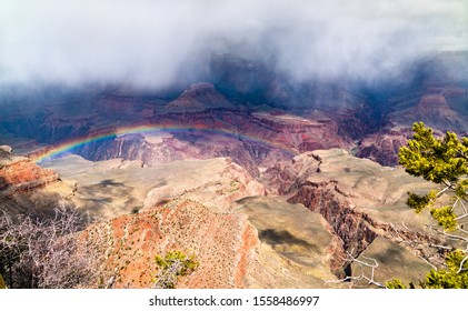 Rainbow Above The Grand Canyon At The South Rim. Arizona, United States