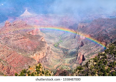 Rainbow Above The Grand Canyon At The South Rim. Arizona, United States