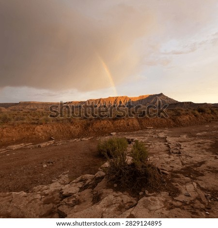 A rainbow arcs through the cloudy sky above Gooseberry Mesa in Southern Utah USA as the evening light touches the rim and a dry ravine winds past in the foreground. 