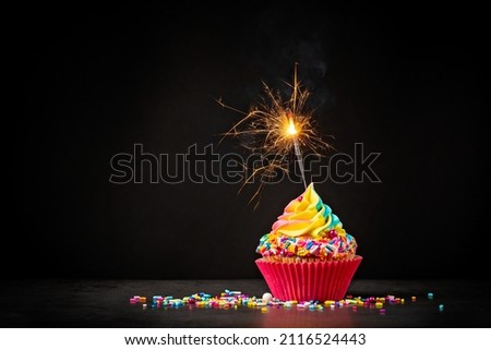 Rainbow Birthday cupcake with a sparkler and colorful sprinkles over a dark background. A magical Birthday celebration.