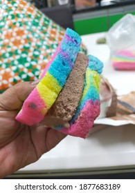 Rainbow bread with chocoate ice cream.