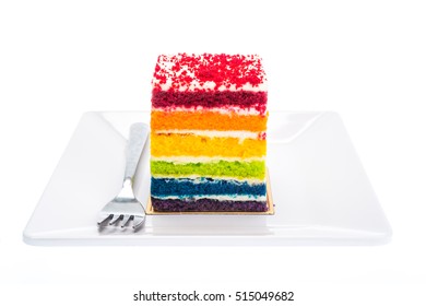 Rainbow Cake On White Plate Isolated On White Background