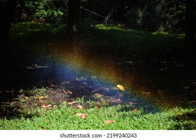 A Rainbow Caused By Sunlight Hitting Water Spray From An Automatic Sprinkler At A Park In Bangkok.