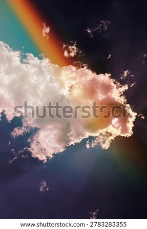 Rainbow and Clouds in Bright Blue Sky. A vivid rainbow with distinct color bands across a deep blue sky and fluffy clouds, perfect for nature, weather, and atmospheric design projects.