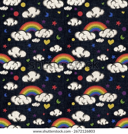 Rainbow Clouds Seamless Knitting Pattern

A seamless knitting pattern featuring fluffy clouds, colorful rainbows, stars, hearts, and playful shapes on a dark background