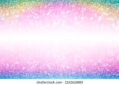 Rainbow color glitter sparkle confetti background for happy birthday party invite card, princess little girl pink banner, girly unicorn pony kid baby sequin border frame or children mermaid invitation