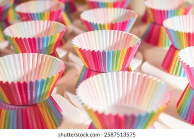 Rainbow colored empty cupcake liners for baking muffin