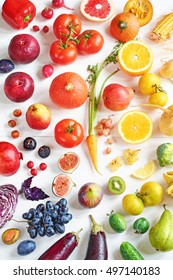 Rainbow Colored Fruits And Vegetables On A White Table. Juice And Smoothie Ingredients. Healthy Eating / Diet Concept.