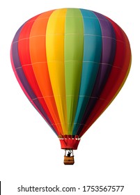 Rainbow colored hot-air balloon against white background. Pilot in silhouette.