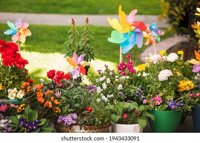 Rainbow colored paper windmill propeller decoration for potted plants. Front yard summer and spring decor.