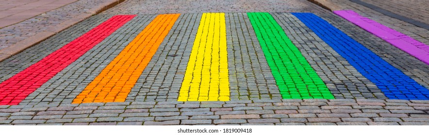 Rainbow Colored Zebra Crossing Markings In LGBT Colors