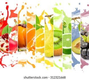 Rainbow Colorful Fruit Stripe Collection With Splash On White Background