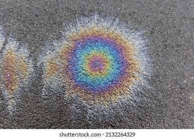 Rainbow Coloured Circular Oil Spill On A Tarmac Pavement