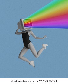 Rainbow. Contemporary Artwork. Young Slim Girl Wearing Swimsuit With Retro Computer, Pc Instead Head Dancing Isolated Over Light Background. 80s, 90s Style. Concept Of Art, Technology, Surrealism