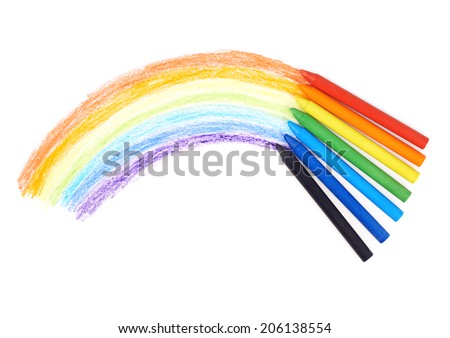 Rainbow drawn with the wax crayons, isolated over the white background