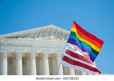 Rainbow Flag And DC Flag Fly At The Supreme Court