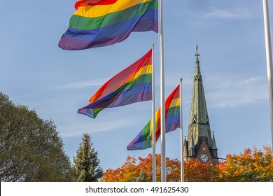 The  Rainbow Flag In Front Of Church