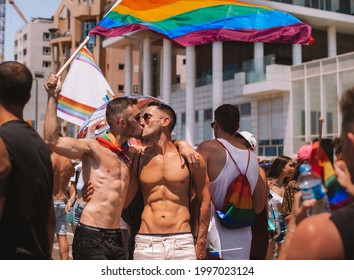 Rainbow Flag Gay Kisses, Pride Parade In Tel Aviv, June 25, 2021