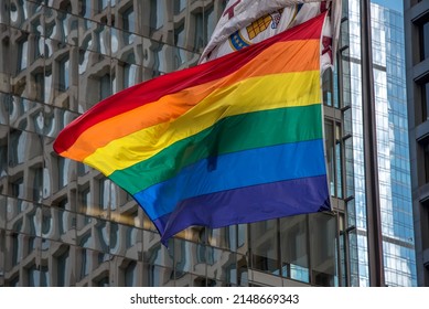 Rainbow Flag, Gay Pride Flag Flying From A Flag Pole In The Breeze, LGBT, Red, Orange, Yellow, Green, Blue