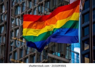 Rainbow Flag, Gay Pride Flag Flying From A Flag Pole In The Breeze, LGBT, Red, Orange, Yellow, Green, Blue