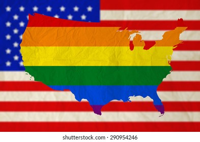 Rainbow Flag On United States Of America With USA Flag Background - US Supreme Court Rules Gay Marriage Is Legal Nationwide